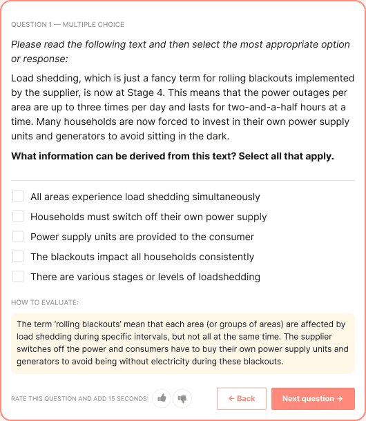 Example question from of a Toggl Hire cognitive ability test that assesses English language comprehension