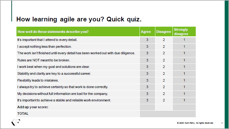 An example of a set of questions for a learning agility test.