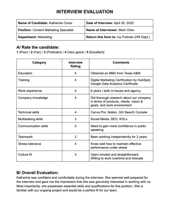 Guide for Evaluating Candidates in a Job Interview