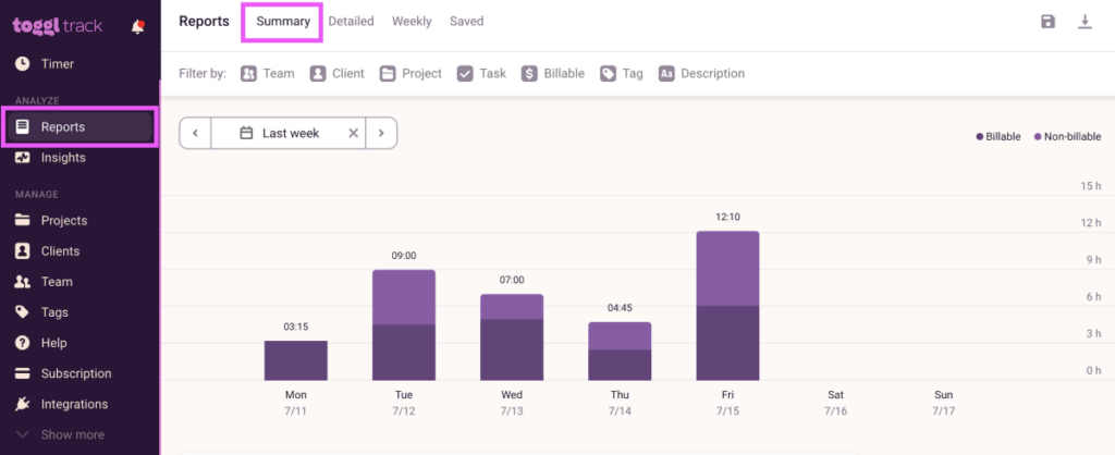 Summary Report in Toggl Track