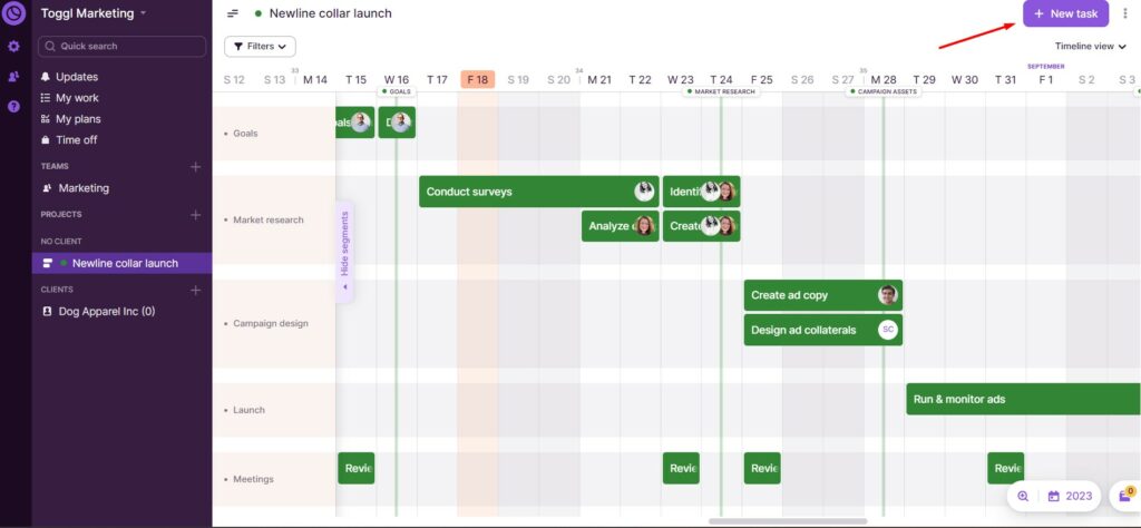 A screenshot of how to create a new task in Toggl Plan