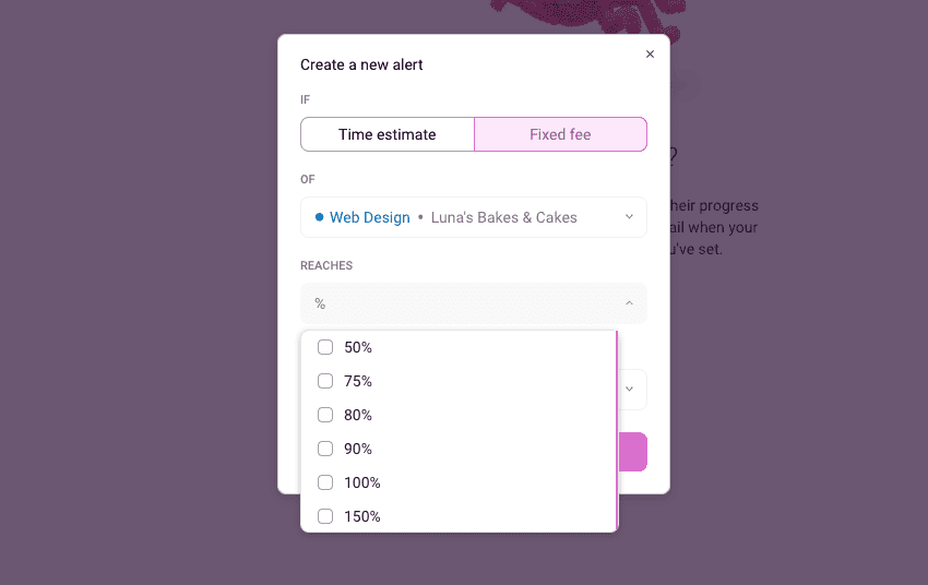 A screenshot showing how to create a project alert in Toggl Track