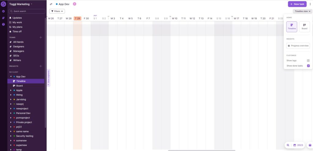 A screenshot showing how to access the project's progress overview in Toggl Plan