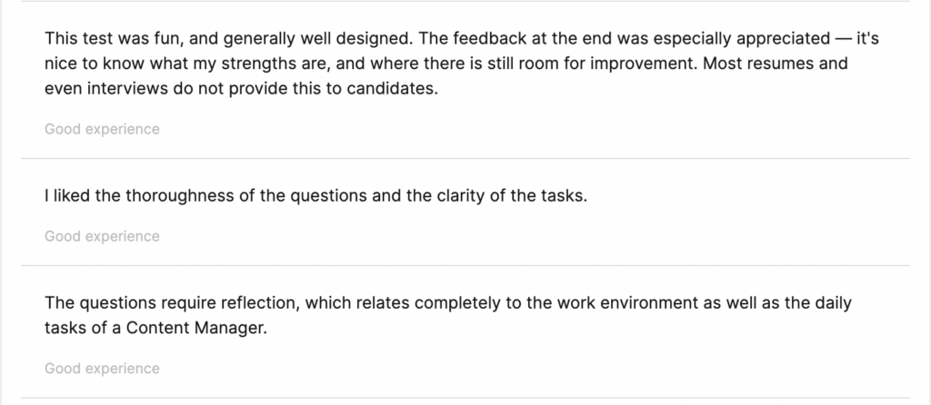 candidate feedback after completing a skills assessment