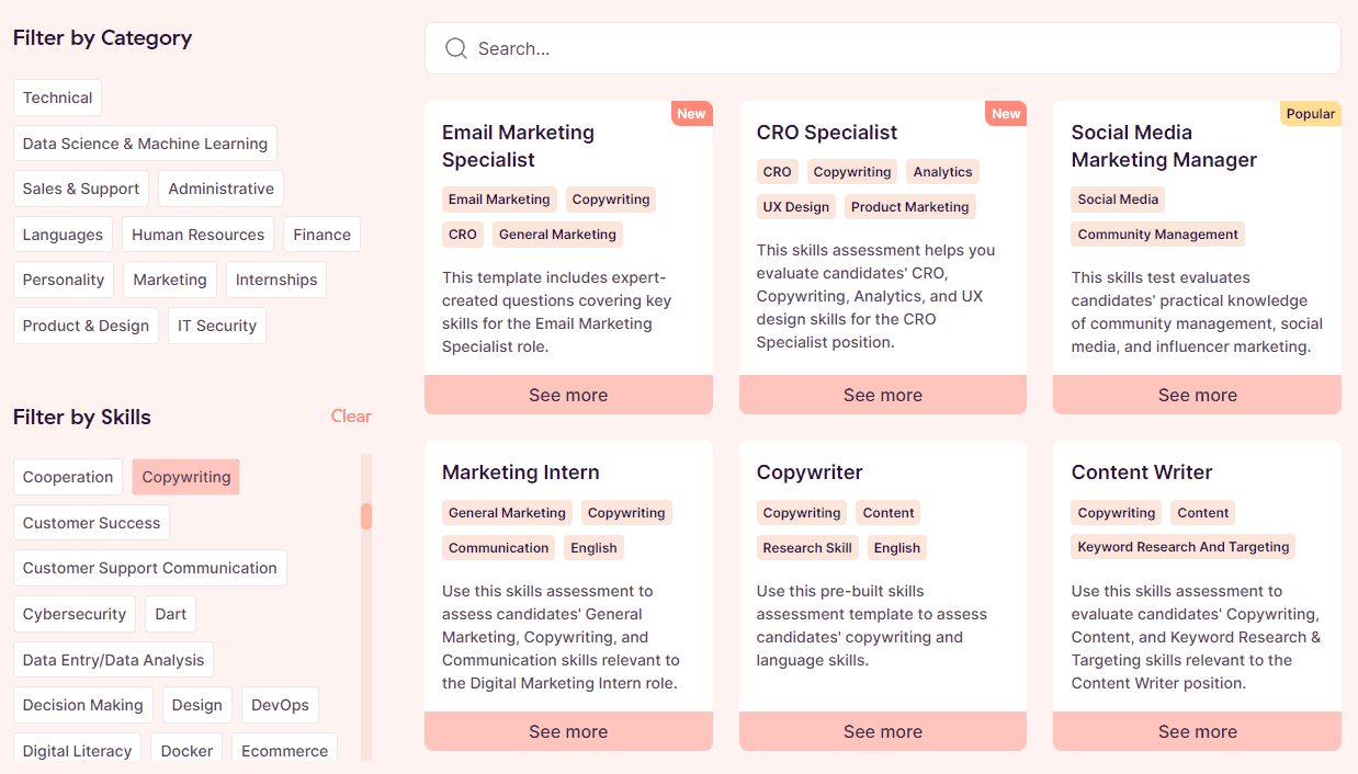 Choose the specific criteria for your skills assessment that match the roles you need to fill.