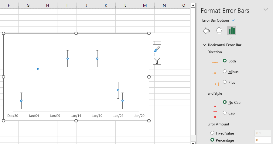 An Excel screenshot showing how to format the error bars.