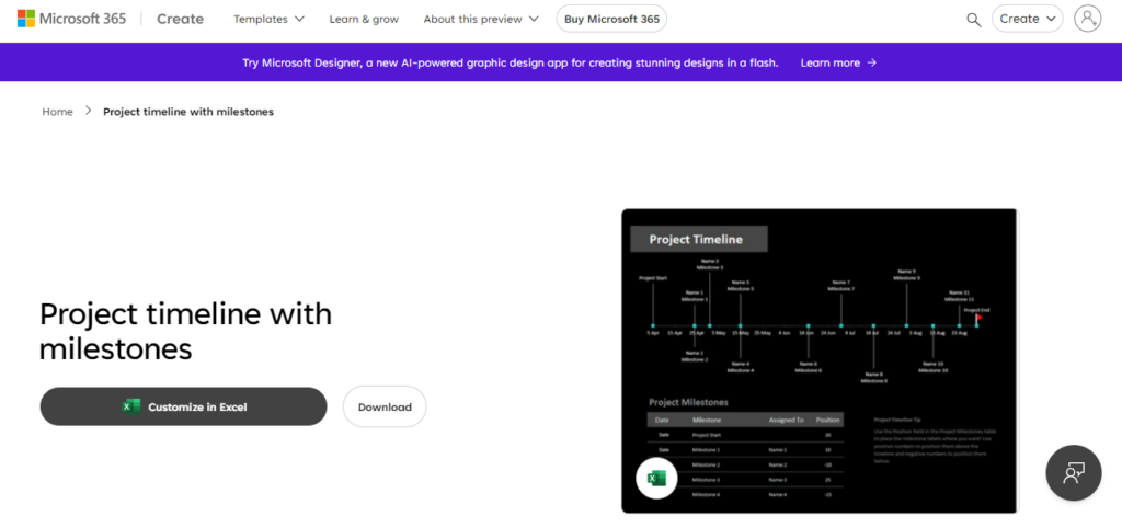 A screenshot of a Microsoft Excel template for project timelines.