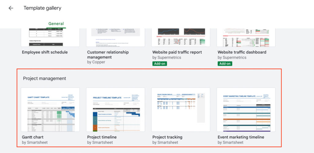 A sreenshot of the Project Management template section in Google Sheets.