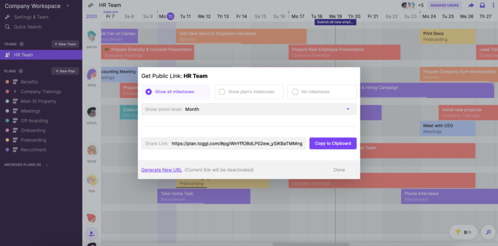 A screenshot showing how to share a public version of a Team Timeline in Toggl Plan.