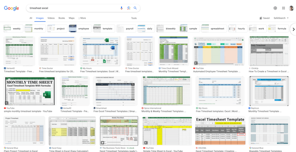 Google search results for "timesheet excel" templates