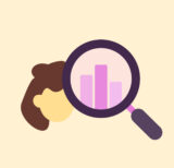 Illustration of a magnifying glass on a woman, with bar charts on the magnifying glass