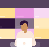 Illustration of a man on his laptop, with a zoom screen behind him